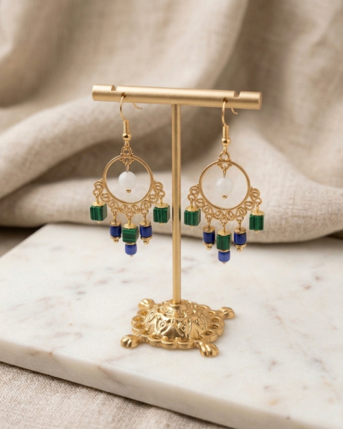 Σκουλαρίκια με μαλαχίτη, μπλε και λευκό φίλντισι και αιματίτη