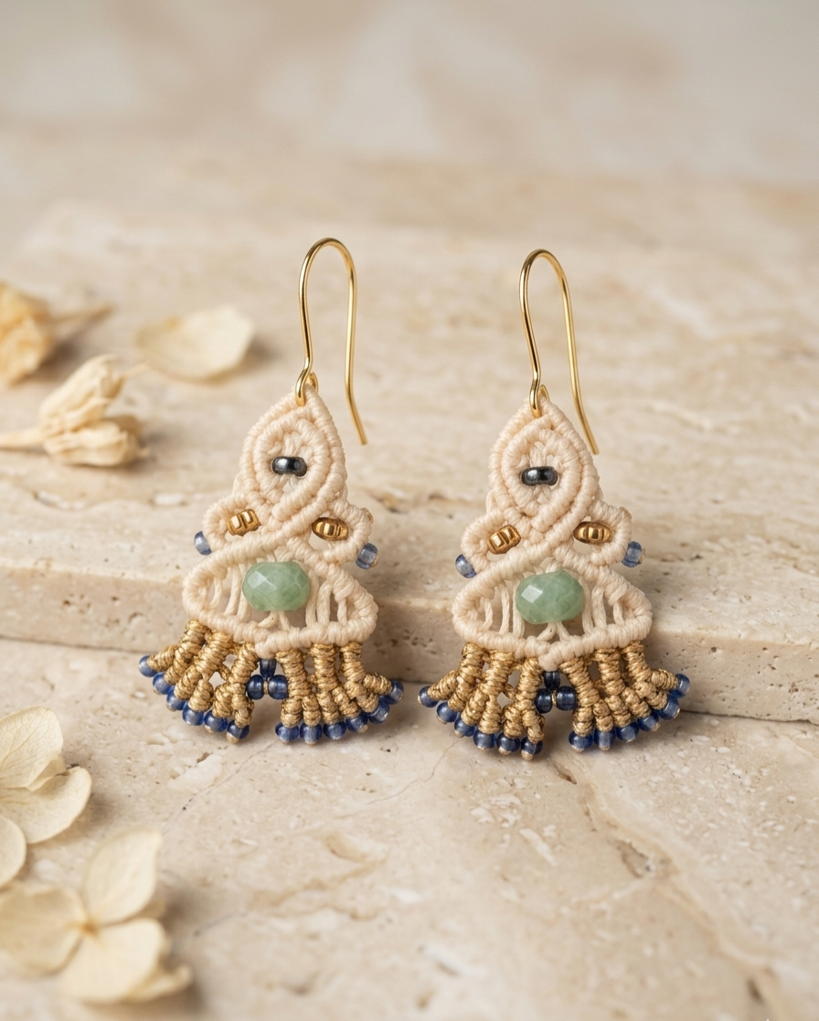 Electra earrings Σκουλαρίκια μακραμέ σε off-white χρώμα με αιματίτη, πράσινο αχάτη και μπλε χάντρες.