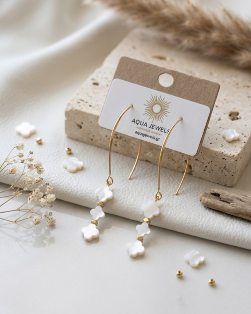 Σκουλαρίκια τριπλό τριφύλλι με φίλντισι (mother of pearl) σε στυλ Van Cleef