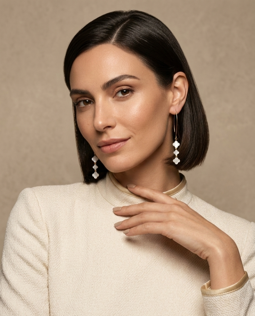 Σκουλαρίκια τριπλό τριφύλλι με φίλντισι (mother of pearl) σε στυλ Van Cleef